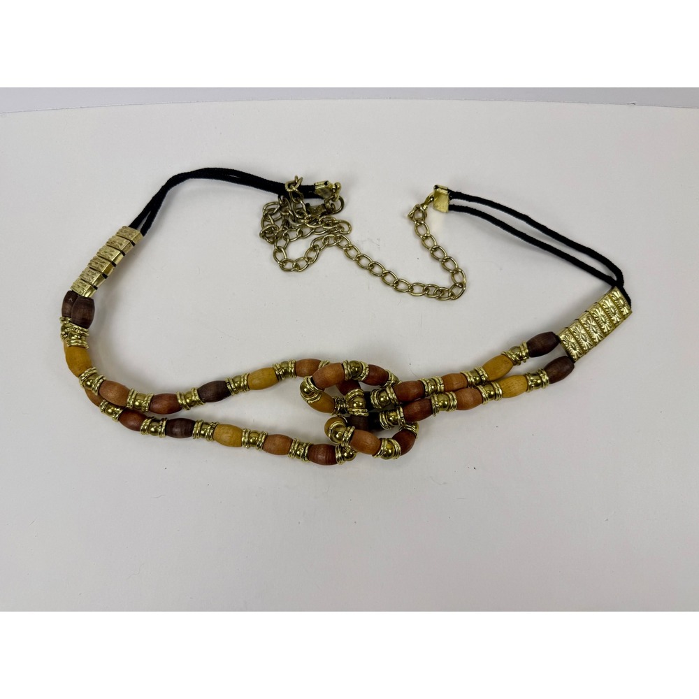 Vintage Boho Wood Bead Gold Tone Chain Link Adjustable Belt Made in Korea